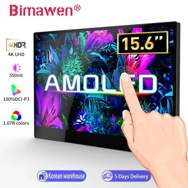 Bimawen 15,6 Zoll OLED 4K Touch Tragbarer Monitor 1ms Gaming Monitor Touchscreen mit integriertem Standlautsprecher 60 Hz 550Nits für PS5