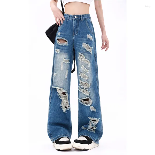 Frauen Jeans zerrissen Winter Y2K Vintage Straight Baggy High Taille Streetwear Hosen Femme Wide Leg Blue Jeanshose Hose