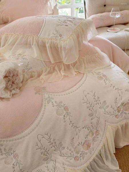 Set biancheria da letto PRINCESS Luxury Flanella FELPA FLOREALE RICAMATA MORBIDA Increspato PIUMINO INVERNALE CALDO LENZUOLO FEDERE 4 PEZZI