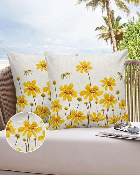 Fronha aquarela flores amarelas abelhas à prova d'água fronha para casa sofá escritório lance capa de almofada de carro decoração