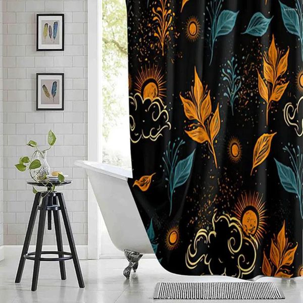 Cortinas de chuveiro outono boho cortina floral sol planetas nuvens estrelas impressas tecido de poliéster banheiro à prova d'água com ganchos