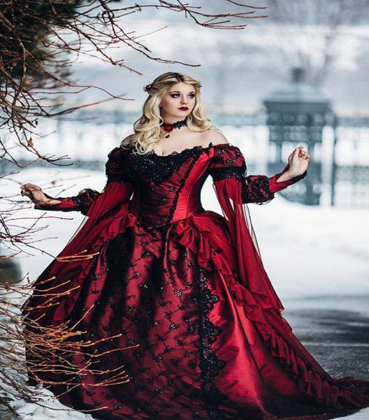 2021 Gothic Dornröschen Prinzessin Mittelalterliches rotes und schwarzes Ballkleid-Hochzeitskleid Langarm Spitzenapplikationen Viktorianisches Brautkleid Go3218943