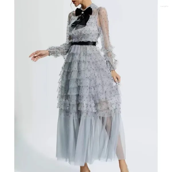 Abiti casual da donna eleganti con fiocco a pois maniche lunghe in rete maxi sexy trasparente abito da torta per matrimoni, feste di compleanno