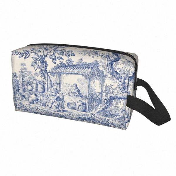 vintage classico francese Toile De Jouy blu navy motivo motivo borsa per il trucco borsa da viaggio organizzatore cosmetico borse da toilette di stoccaggio Kawaii O4p4 #