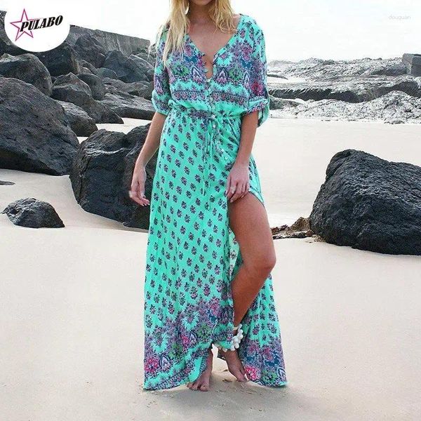 Vestidos casuais pulabo boêmio impressão praia vestido manga longa hippie chique maxi férias um tamanho bandagem vestidos de férias