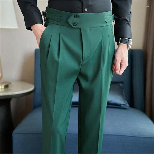 Ternos masculinos estilo britânico marca cinto design cintura alta em linha reta casual terno de negócios calças pendurado formal social casa magro