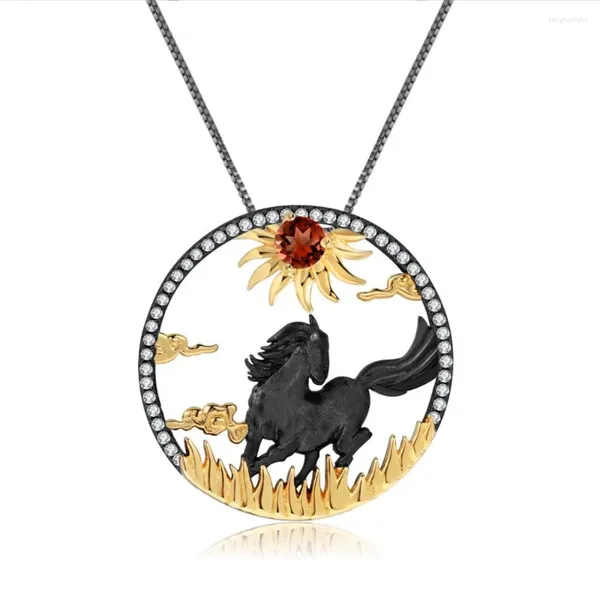 Catene Gioiello con ciondolo a forma di cavallo sole fatto a mano in argento sterling 925 con pietra preziosa dello zodiaco granato rosso naturale