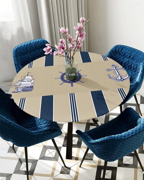 Tovaglia blu oceano a righe timone per nave ancoraggio tovaglia rotonda marrone copertura elastica accessorio decorativo da pranzo impermeabile