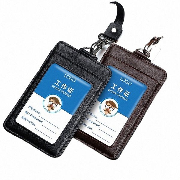 Couro real Busin Work Card Holder ID Badge Holders com Nyl Lanyard Id Name Tag Cartões de Peito Casos Retrátil Reel Clips 71O7 #