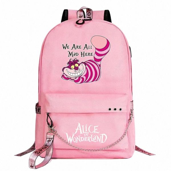 Alice im Wunderland Jungen Mädchen Kinder Schulbuch Taschen Frauen USB Kette Rucksack Leinwand Männer Laptop Rucksack Packsack Bookbag I2dl #