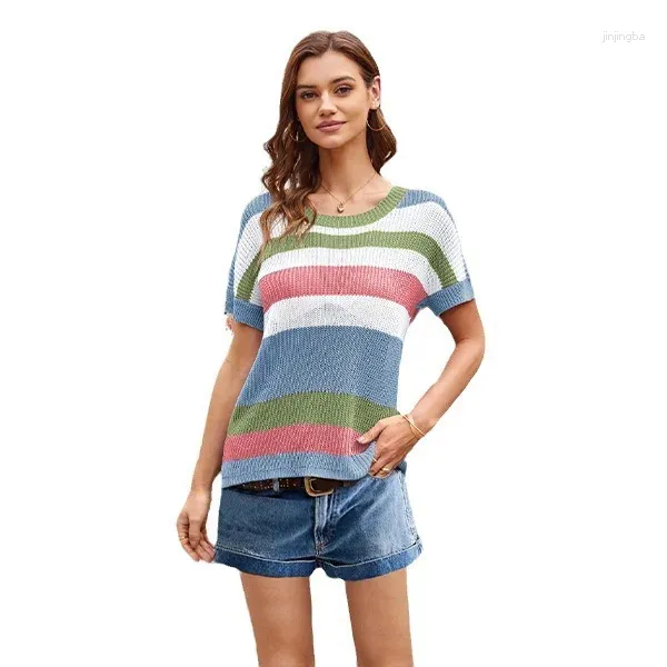 Damen-T-Shirts, lockeres Plus-Size-Kurzarm-Strick-T-Shirt für Frauen 2024, Sommer-Rundhalsausschnitt, kontrastfarbenes, gestreiftes Oberteil