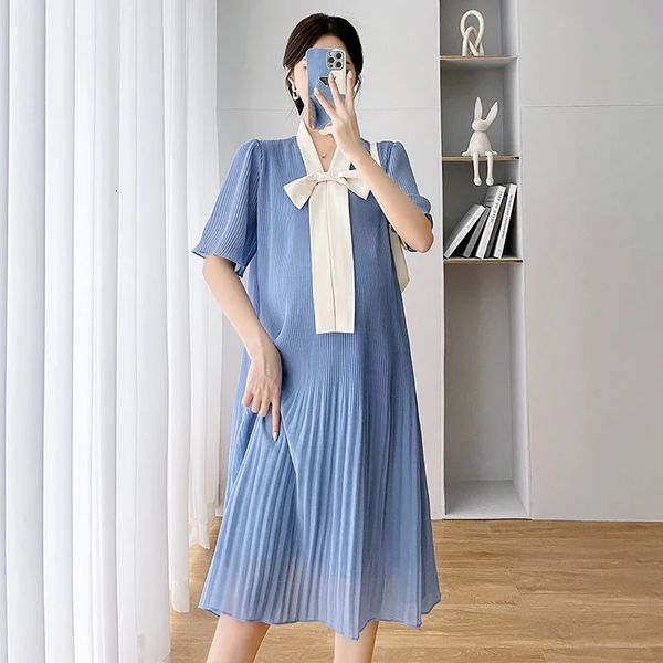 Sommer Koreanische Mode Chiffon Umstandskleid Elegante Süße Lose Kleidung für Schwangere Frauen Ins Rüschen Bogen Schwangerschaft Kleidung 240326