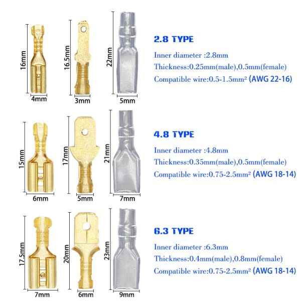 600pcs 2,8/4,8/6,3 mm Connettori per vanga maschio Connettori a filo crimp Block con kit di assortimento di maniche isolanti