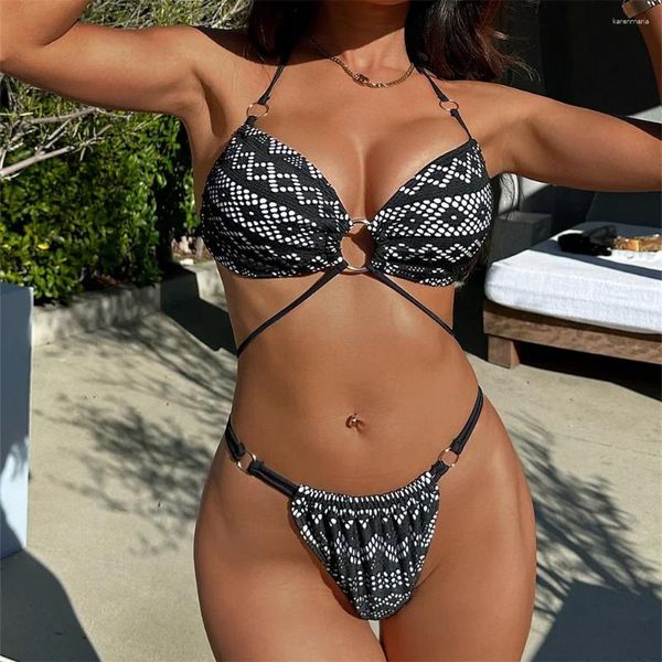Mulheres Swimwear Sexy Micro Bikini Thong Black Lace Halter Swimsuit Strappy Mulheres Beach Outfit Biquinis Set Anel Ligado Banheira Terno 2024