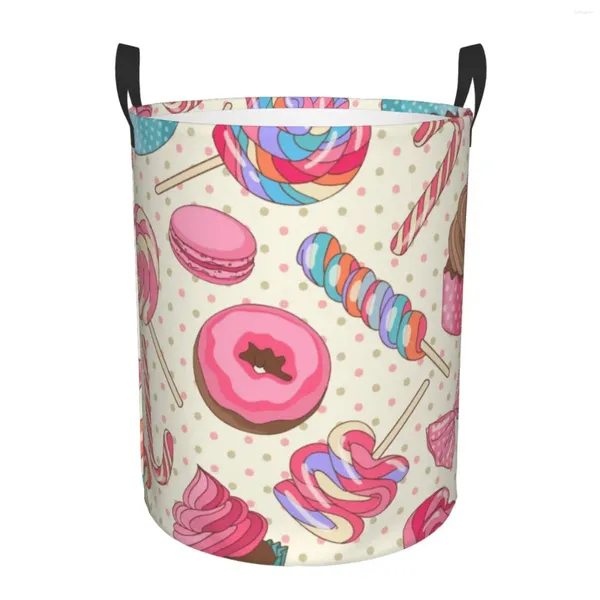 Sacos de lavanderia Doce Pirulito Cupcake Cesta Circular com Alça Portátil Balde de Armazenamento À Prova D 'Água Quarto Caixa de Roupas