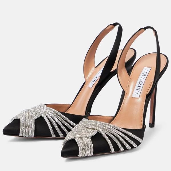 Роскошь 2023 SS Aquazzura Gatsby Sandals Shoes Spiral Arp Srap Purss Smostto каблуки заостренные пальцы для лады-гладиаторов Свадьба, вечеринка, платье Eu35-43 с коробкой