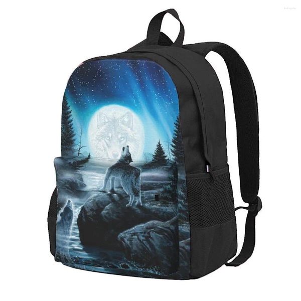 Depolama çantaları sırt çantası orman ay hayvan kurt gündelik basılı okul kitap omuz seyahat dizüstü bilgisayar çantası kadınlar için