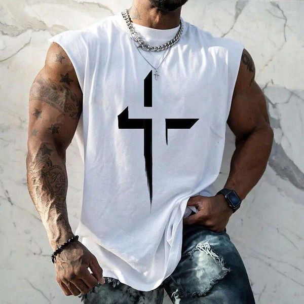 Magliette da uomo Canotta in cotone con stampa incrociata Canotta senza maniche Moda estiva Canottiera casual Bodybuilding Muscle Men Tops Streetwear