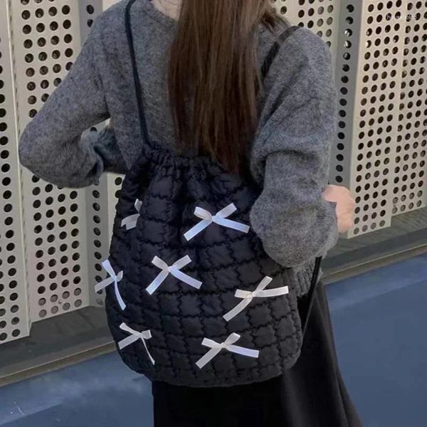 Sacos de armazenamento ins coreano doce arco mochila adorável nó xadrez algodão zíper bolsa de ombro moda chique kawaii menina mochila organizador