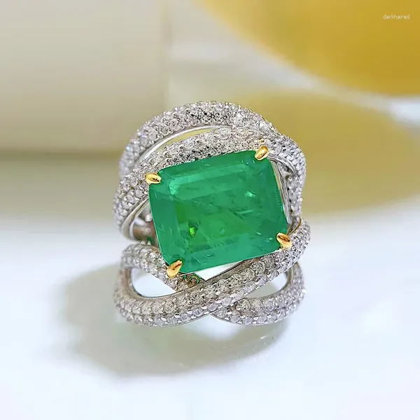 Anéis de cluster S925 prata esterlina esmeralda verde alto carbono diamante anel jóias nupcial fino para mulheres