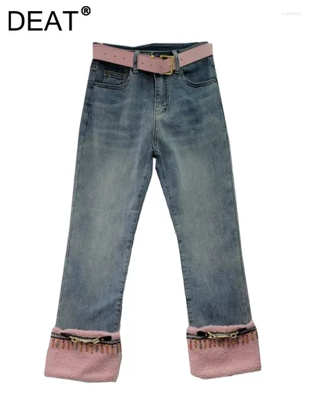 Calças de brim femininas cintura alta retalhos borla beading punhos em linha reta denim tornozelo comprimento calças 2024 inverno moda 29l6488