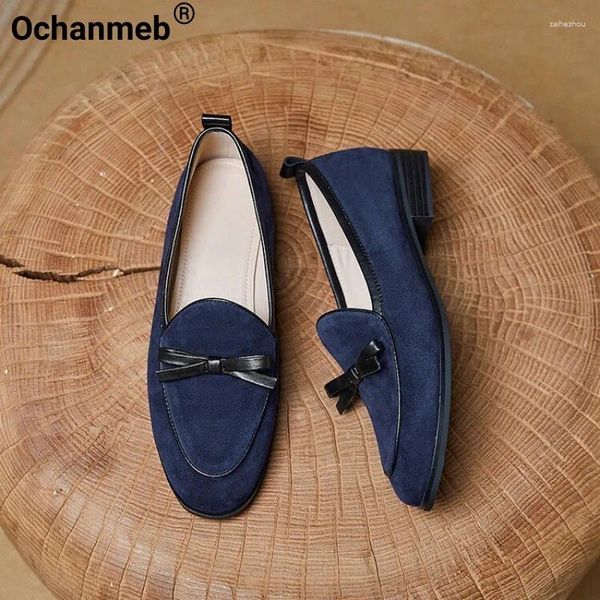 Sıradan Ayakkabı Ochanmeb Kadın Koyun Süet Loafers Sonbahar Çıplak Yuvarlak Toe Bowknot Kadın Bahar Donanma Mavisi Slipons Flats