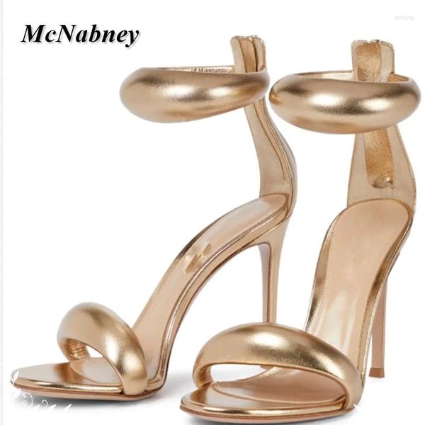Sandálias estilo romano redondo os dedo do pé feminino de saltos altos femininos elegantes de tamanho grande de salto fino do calcanhar zíper de banquete de partido dourado
