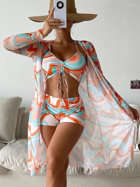 Moda de banho feminina 3 peças Bikini Set Conclow Up Swimsuit Women Alta cintura Bikinis Manga comprida 2024 Nada de praia Use de banho Kimono