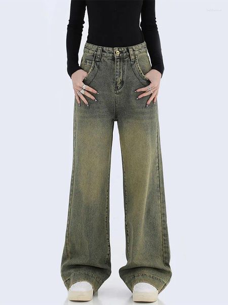 Jeans femminile 2024 autunno femminile di strade alte pantaloni in vita cotone cotone coreano marea in metallo sciolto in metallo gamba larga casual