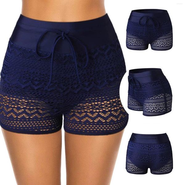 Mulheres biquíni short shorts de roupas de banho de alta cintura alta ladies praia baú de nadar de renda sólida conservadora sólida