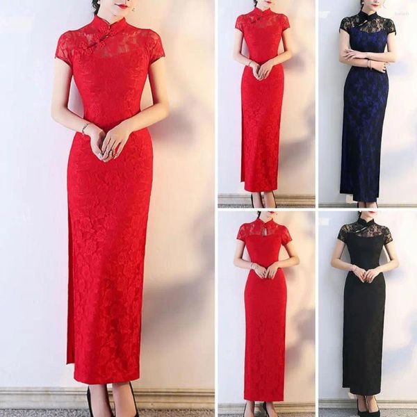 Etnik Giyim İnce uygun Cheongsam Zarif Vintage Çin Dantel Maksi Elbise Stand Yakası Yanlı Kadınlar Klasik Qipao