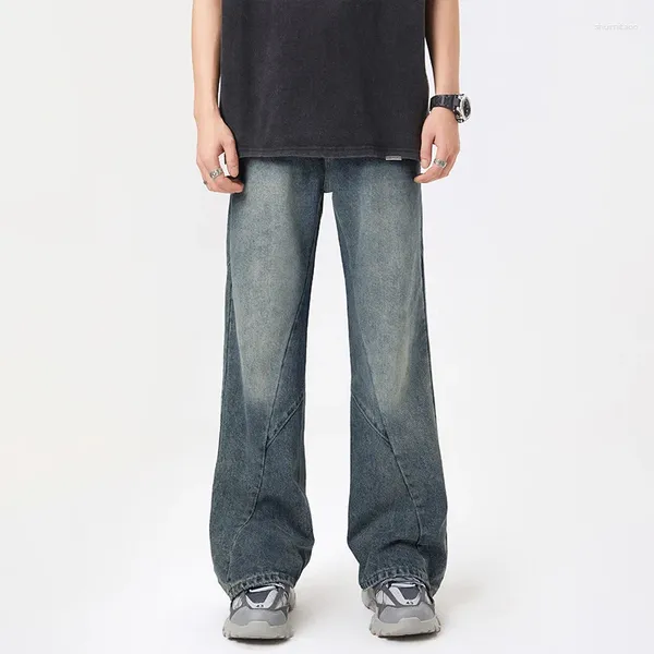 Erkekler kot pantolonlar marka Amerikan vintage denim pantolon erkekler için gündelik baggy moda parlama yıkanmış ağartılmış adam giyim 2024