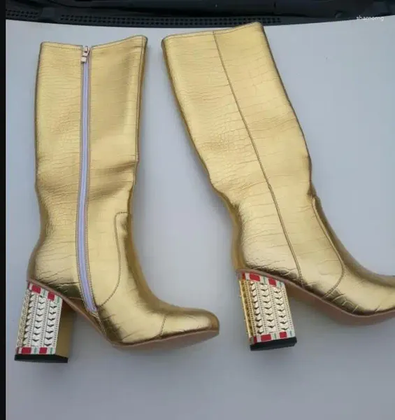Сапоги Women Gold Crocodile тисненой тиснений Crystal колена высокая мода Zip Lady Heels Designer Brand Shoes