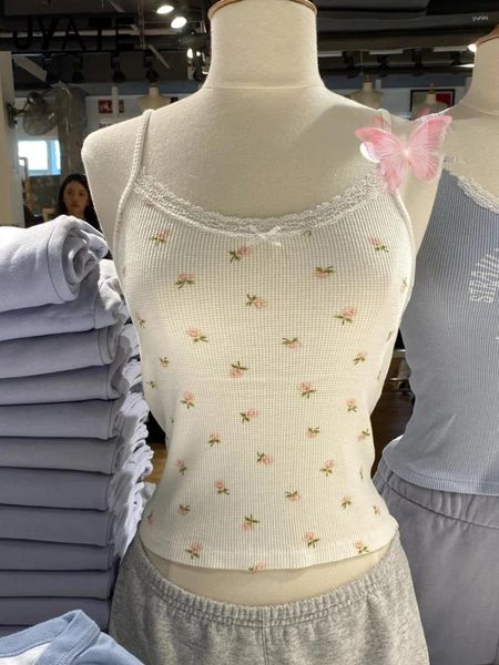 Tanques femininos waffle algodão impressão floral camis feminino de verão chique de renda arco slim slim coletes sem mangas