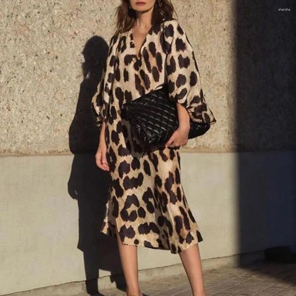 Lässige Kleider Frauen V-Ausschnitt Laternenhülle SPLIT SEM DAY Kleid Leopardenmuster Lose elegante Party Weibliche Kleidung
