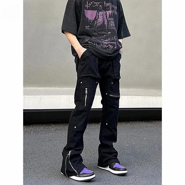 Techwear Jeans Männer Y2K Black Fashion Wide Bein Jeanshose für ungezwungene Streetwear Hip Hop Straight Baggy Stylish 240430