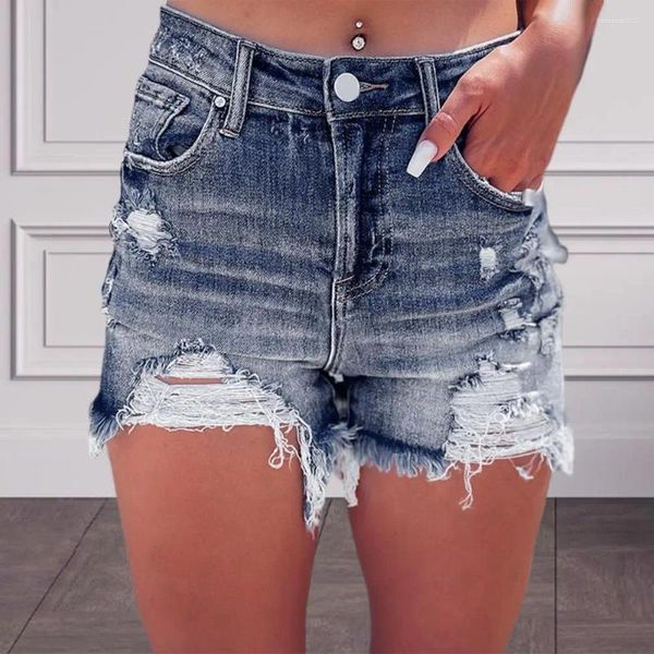 Jeans femininos Slim Fit Denim Troushers calça shorts elegantes com buracos rasgados na altura do botão da moda para