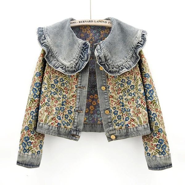 Spring Fashion Jacquard Stickerei Denim Jacke Frauen losen kurz blau Cowboy Outwear Peter Pan Kragen Jeans Jacke Mantel Frau 240416