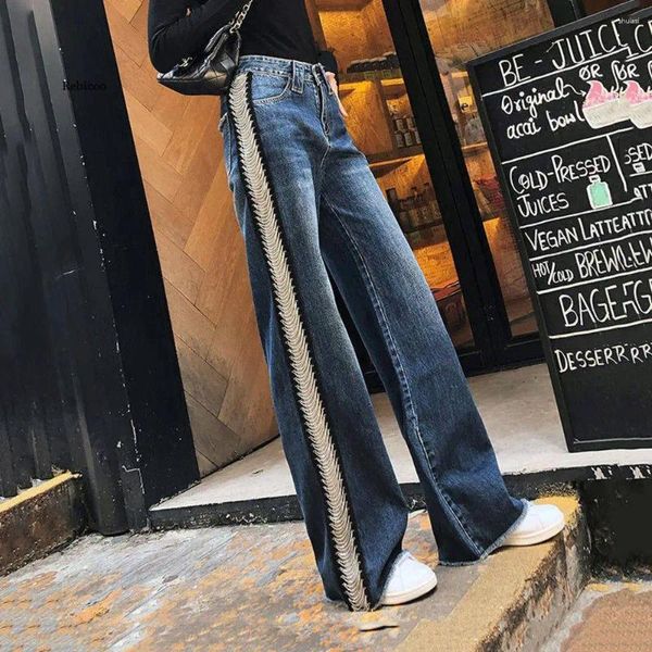 Pantaloni lunghi per gamba per jeans da donna Donne ad alta vita Autunno sciolto Student Straight Mopping Side Chain Design Trend