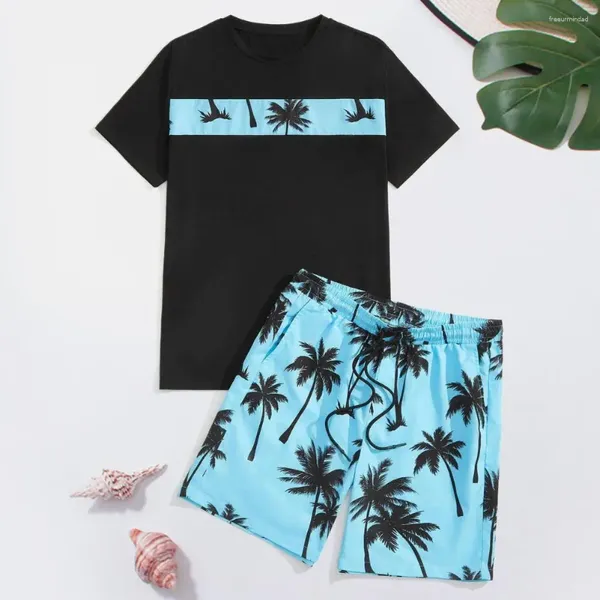 Herren-Tracksuits Sportanzug Sommer Kokosnussbaumdruck T-Shirt Wide Leg Shorts Set für Strandoutfit mit locker Fit Elastic Taille 2pcs/Set