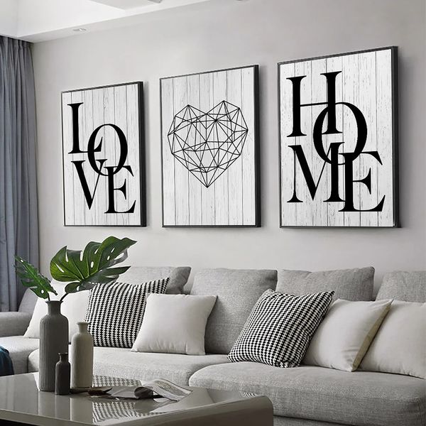 3pcs Love Home Diamond Heart Letter Prinha impressões nórdicas da sala de estar moderna arte de parede preto pinturas decorativas brancas 240425