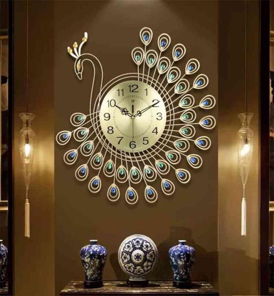 Grande orologio da parete orologio da parete di pavone in oro in oro 3D per casa decorazione del soggiorno Ornamenti fai da te 53x53cm 2104017350785