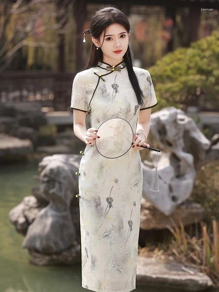 Ethnische Kleidung Mandarin Kragen gedruckt Cheomgsam traditioneller chinesischer Stil Qipao Kleid Vintage Button Formale Partykleid