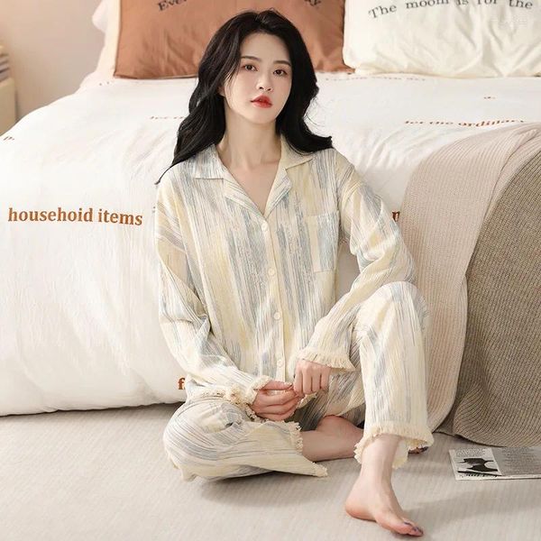 Frauen Nachtwäsche Frühling Herbst koreanische Baumwollpyjamas Set Turndown Hals Home Clothes süße Mädchen Nachtwege Chic Frau Pijamas