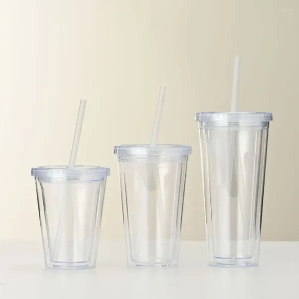 Tumblers 350/450/650ml de caseiro transparente transparente com tampa e palha de café gelado xícara de café de camada dupla garrafa de água de plástico leite