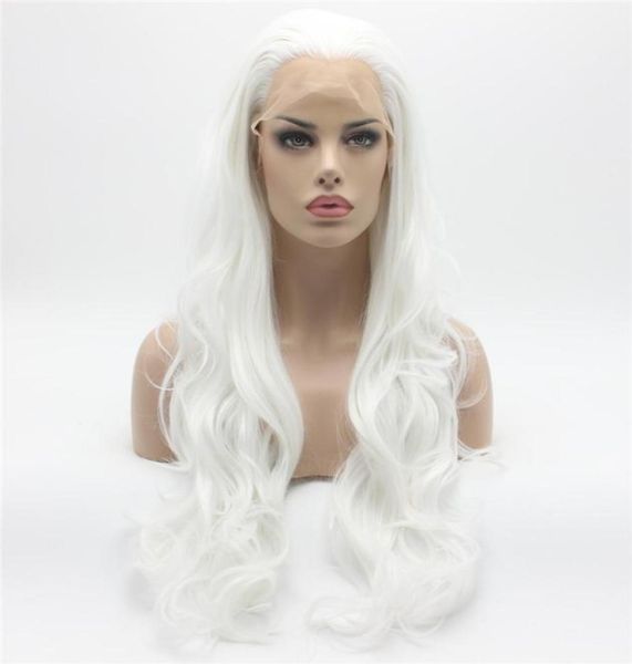 Iwona Saç Güzel Dalgalı Uzun Beyaz Cadılar Bayramı WIG 121001 Yarım El Bağlı Isıya Dayanıklı Sentetik Dantel Ön WIG2673232