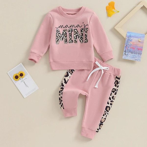 Set di abbigliamento da 2 pezzi per bambina per bambina in autunno primavera lettere/ leopardo stampa a maniche lunghe Pantaloni tascabili Outfit casual