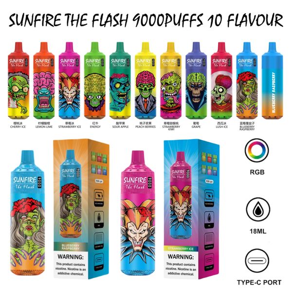 Yüksek kaliteli sunfire kasırga vape 9000 puf tek kullanımlık vapes e sigara% 0% 2% 3% 5% 18ml Preflefed 600mAh şarj edilebilir 10 lezzet örtüsü buhar çubuğu shisha vape