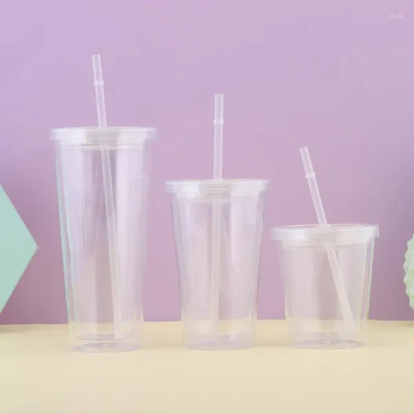 Wasserflaschen 350/450/650 ml Clear Tumbler mit Stroh wiederverwendbares transparente Doppelschichtflasche für Kaffee Milch DIY Smoothie Cup Getränkware