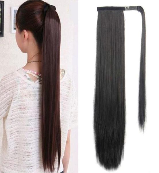 Rebeauty Saç 24 inç uzunluğunda düz klip Saç at kuyruğu uzatma sargısı Saç uzatmalarında sentetik at kuyruğu klipsi Natural1482971